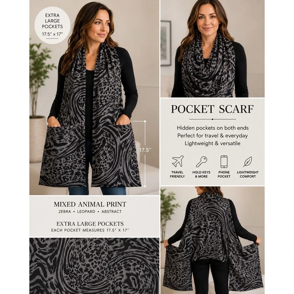 Gray & Black Tiger Leopard Zebra Print Pocket Scarf Wrap Infinity Travel Scarf
